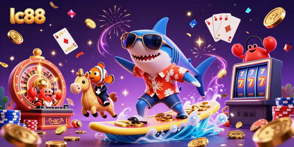 Experience thrilling gameplay at lc88 with a playful cartoon scene, showcasing vibrant characters and casino elements.