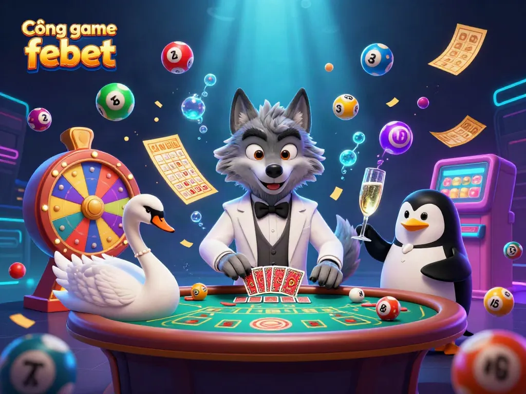 Cổng game febet features a lively scene of a debonair wolf, elegant swan, and sophisticated penguin at a casino table amidst vibrant game elements.
