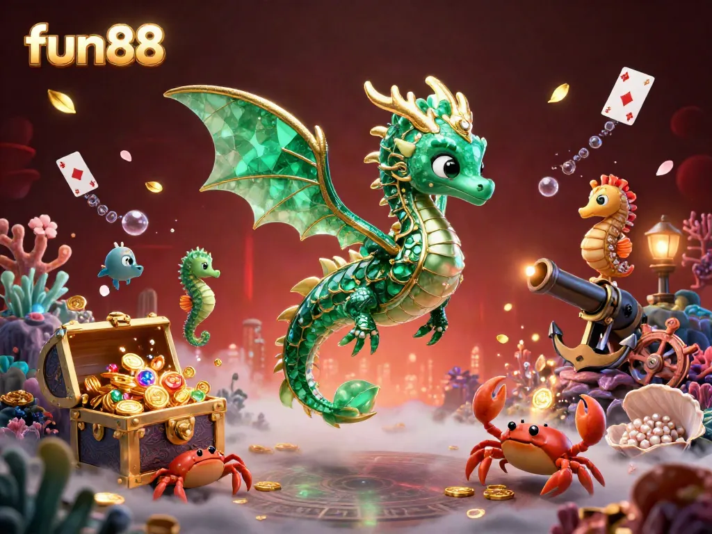 Experience thrilling gaming adventures with fun88's immersive 3D casino art featuring a sea dragon and colorful treasures.