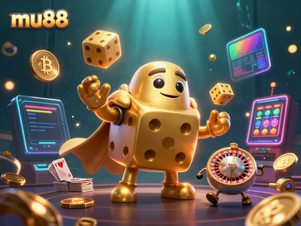 Engage with mu88's vibrant casino world featuring sparkling gold dice, cryptocurrencies, and colorful slot elements.