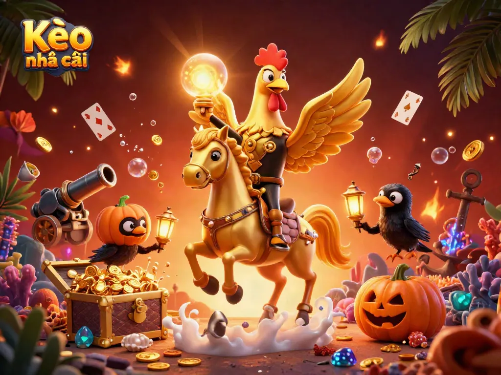 Kèo nhà cái features a golden rooster character in a vivid casino scene with dynamic gaming elements.