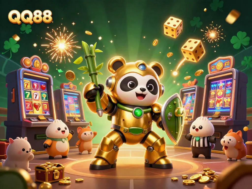 Engage with QQ88's vibrant casino world through a thrilling 3D illustration of gaming excitement.