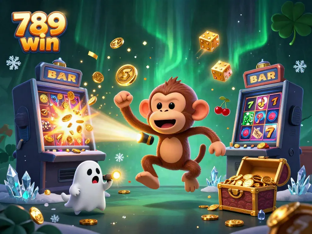 Engage in thrilling wins at 789 win with a poltergeist monkey and ghost-hunter puppy in a lively casino scene.