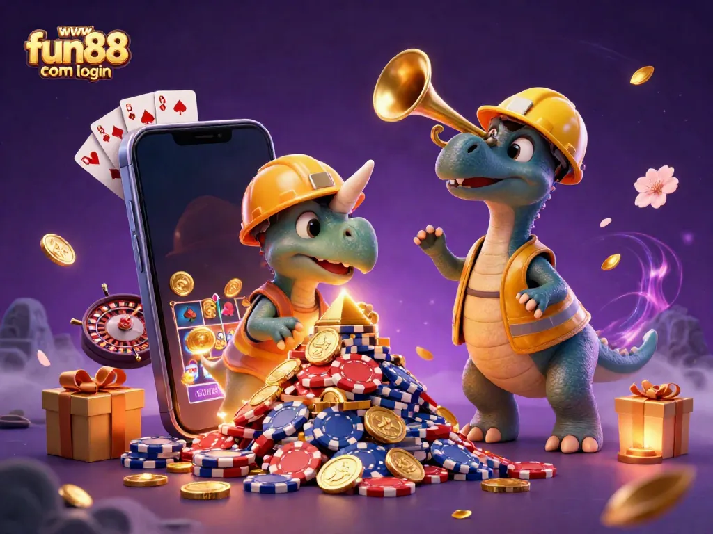 Join the excitement with www fun88 com login as a triceratops celebrates with poker chips and slot games.