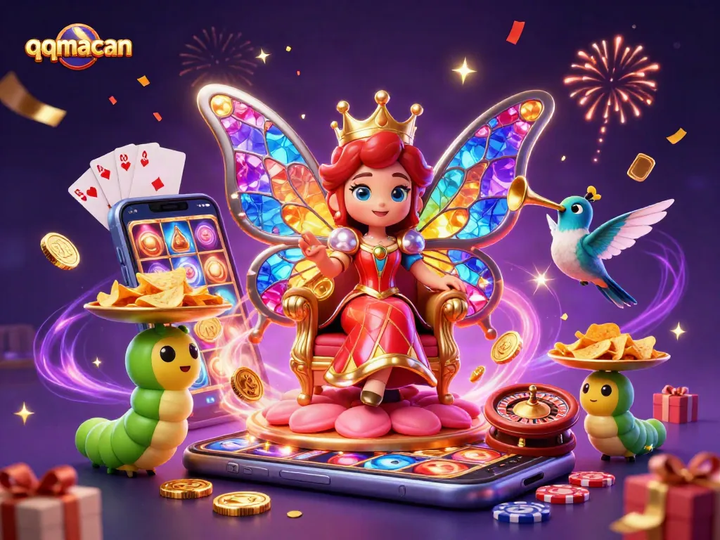 Engage with qqmacan's vibrant gaming scene featuring a butterfly queen amidst a cascade of casino games.