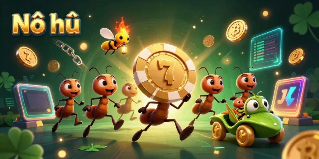 Nổ hũ themed illustration showing ants carrying a giant poker chip with slot elements and crypto coins