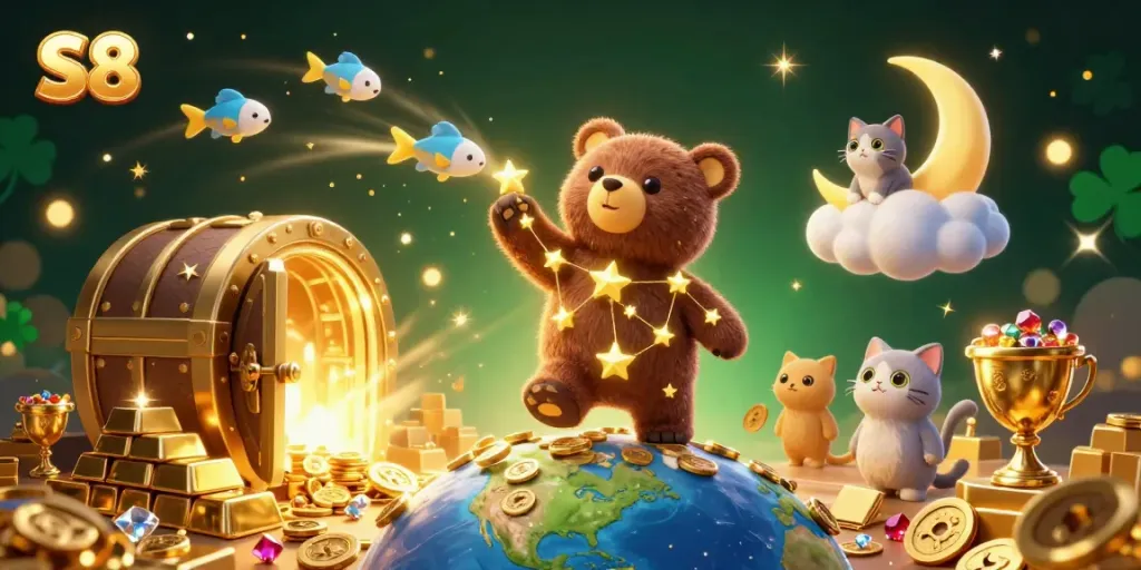 S8 casino scene with a constellation bear, treasure vault, and vibrant gaming elements