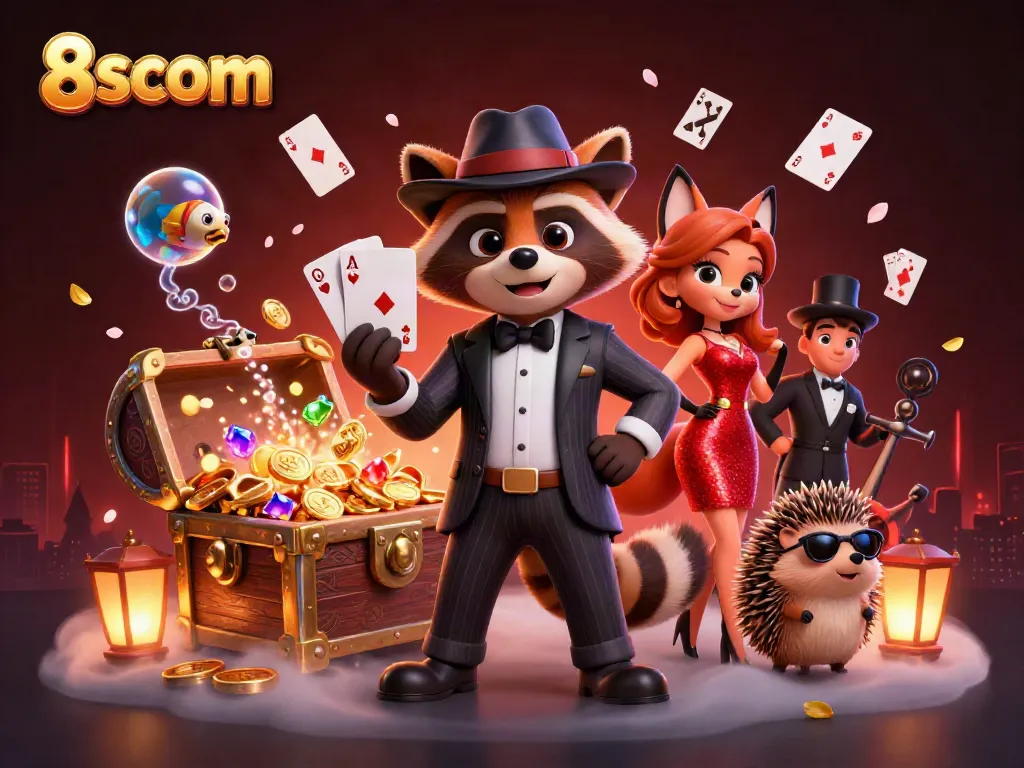 Engage with 8scom's vibrant digital casino scene featuring charming characters and dynamic game elements.