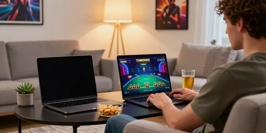 Exciting scene of a player enjoying blackjack en ligne on a laptop at home with snacks and cozy decor.