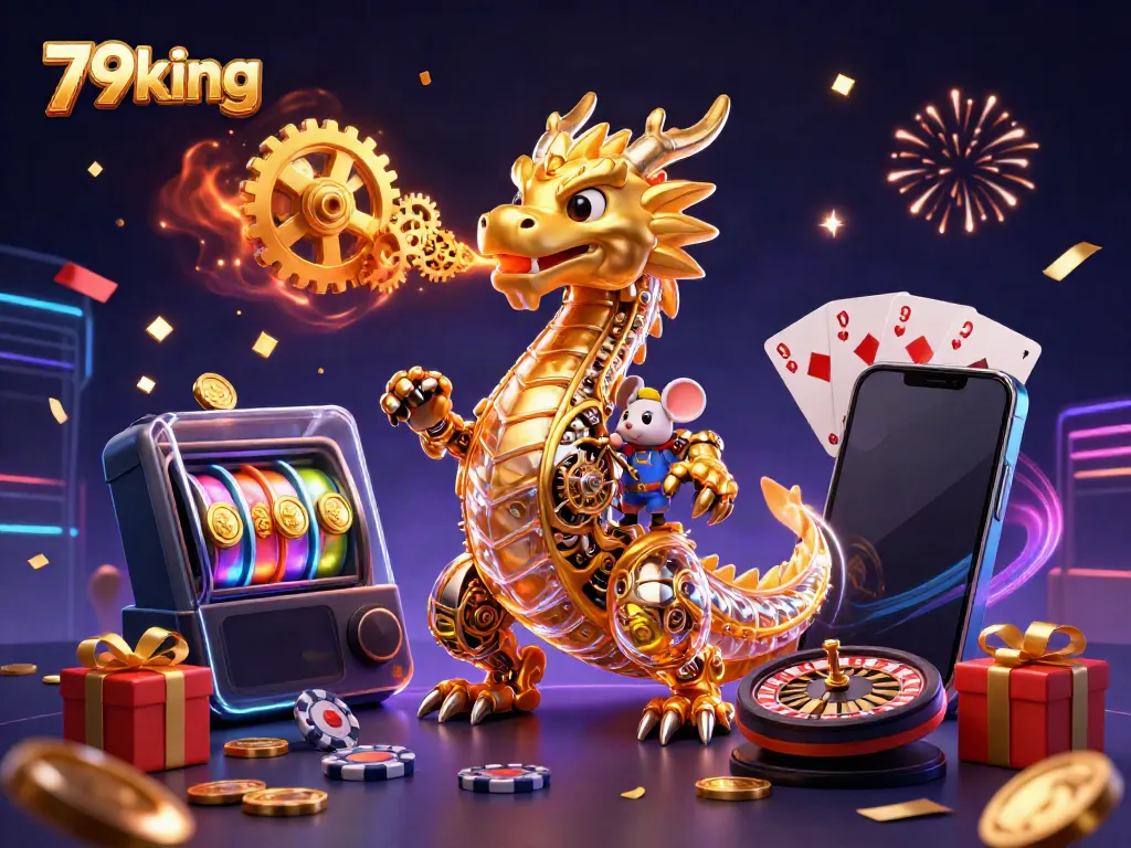 Engage in the thrill of 79king with a vibrant illustration of a golden dragon, slot games, and festive elements.