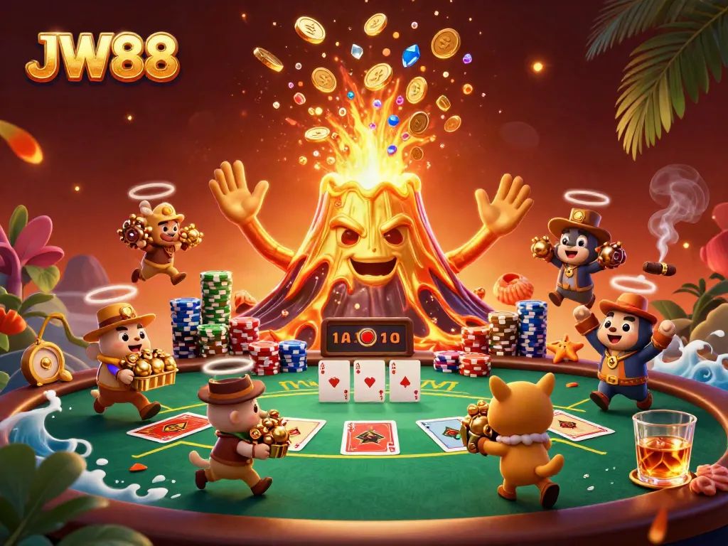 JW88 players enjoy a triumphant moment with a golden volcano erupting coins and treasures in this lively casino scene.