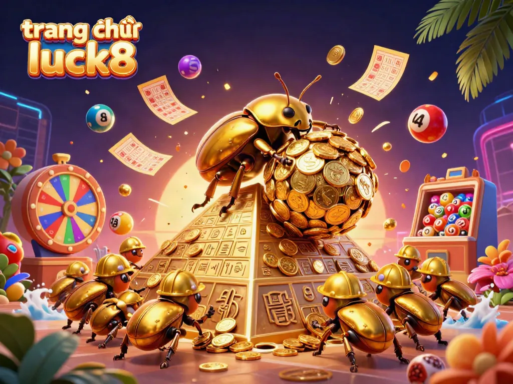 Engage with the vibrant gameplay at trang chủ luck8, featuring a dynamic scene with a golden dung beetle and casino elements.