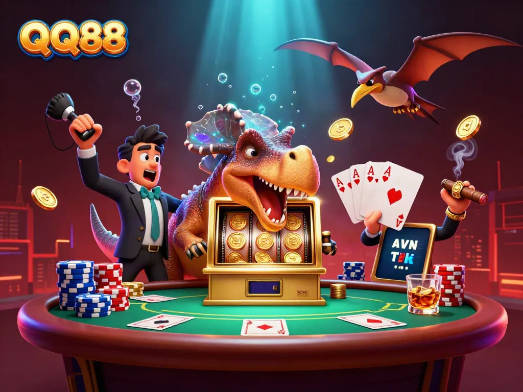 Experience exciting QQ88 jackpots with captivating cartoon dinosaurs in a dynamic casino scene.