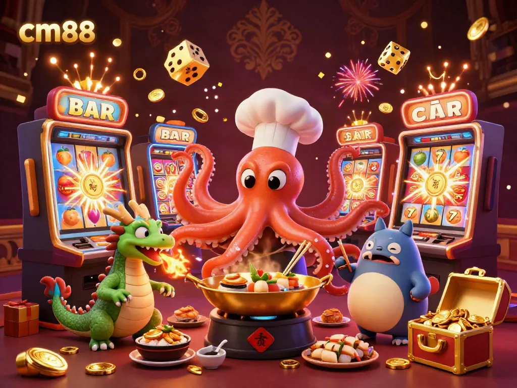Experience exhilarating wins at cm88 through dynamic casino-themed 3D illustration featuring vibrant characters and games.