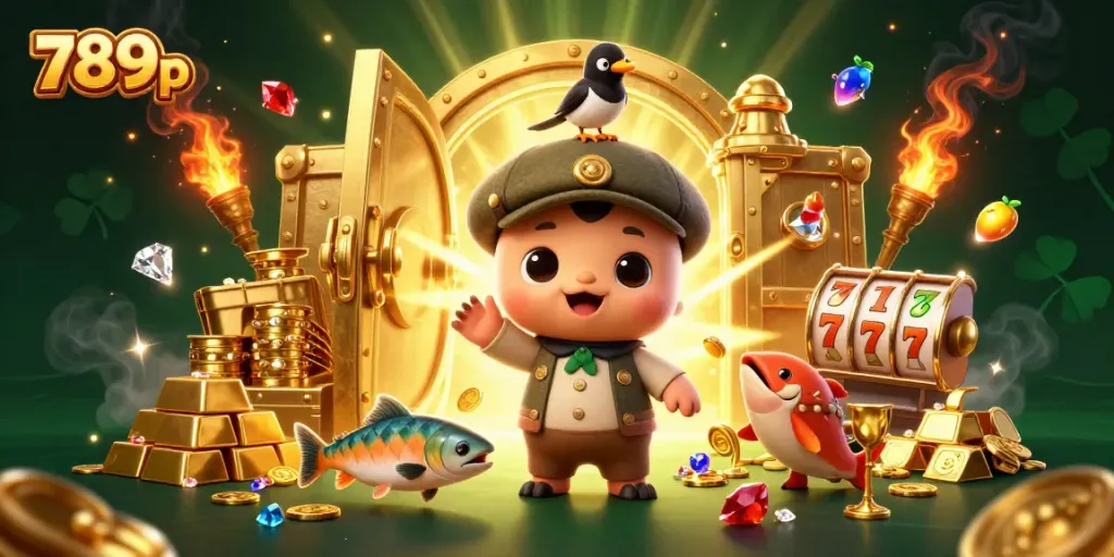 Playful 789p casino scene showcasing Nessie and friends amidst golden treasure and slot symbols