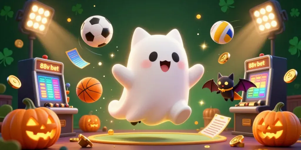 Engage with 88v bet in this lively 3D casino illustration, showcasing a ghost cat and vampire bat in action.