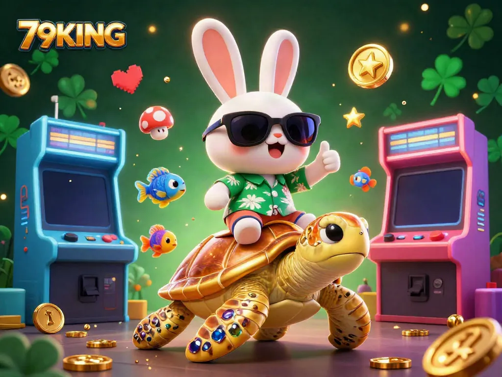 79KING showcases a lucky rabbit and golden sea turtle in a vibrant 3D casino scene