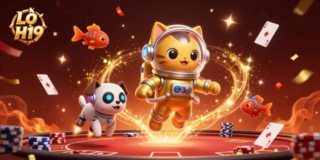 Lỗi H19 enhances gameplay with a vibrant casino scene featuring a golden space cat, robot dog, and gambling elements.