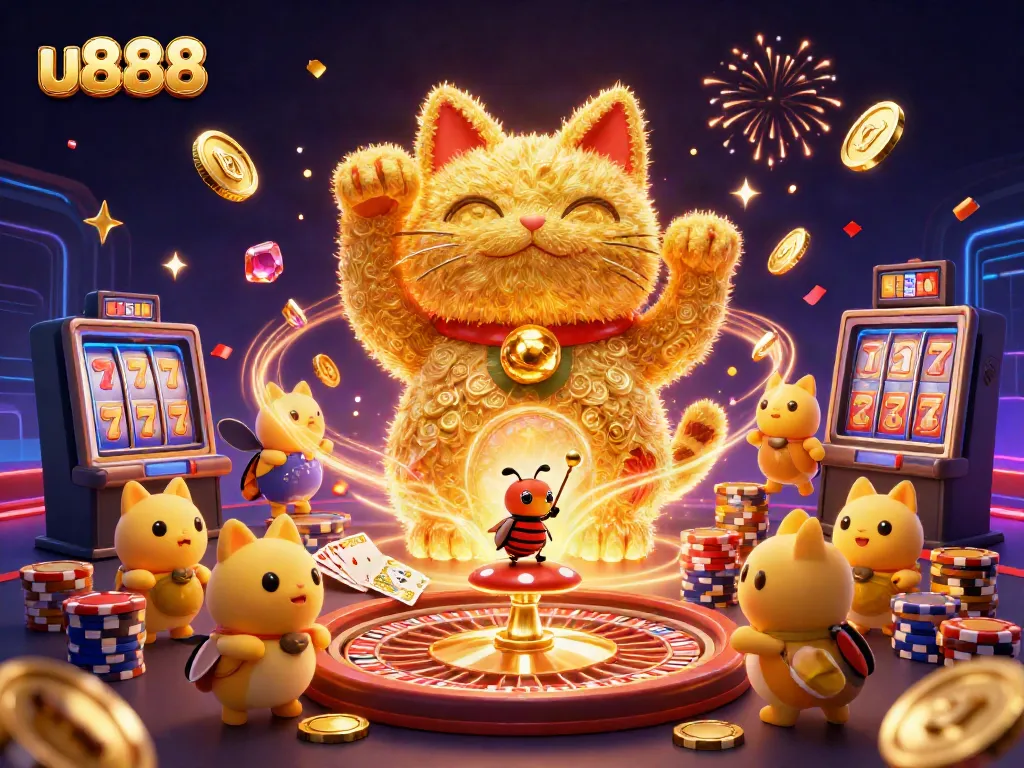 Engage with u888’s thrilling casino experience featuring a golden lucky cat and dynamic gaming elements.