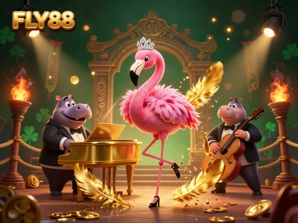 FLY88 casino scene with a flamingo singer and a hippo bassist surrounded by vibrant gaming elements.