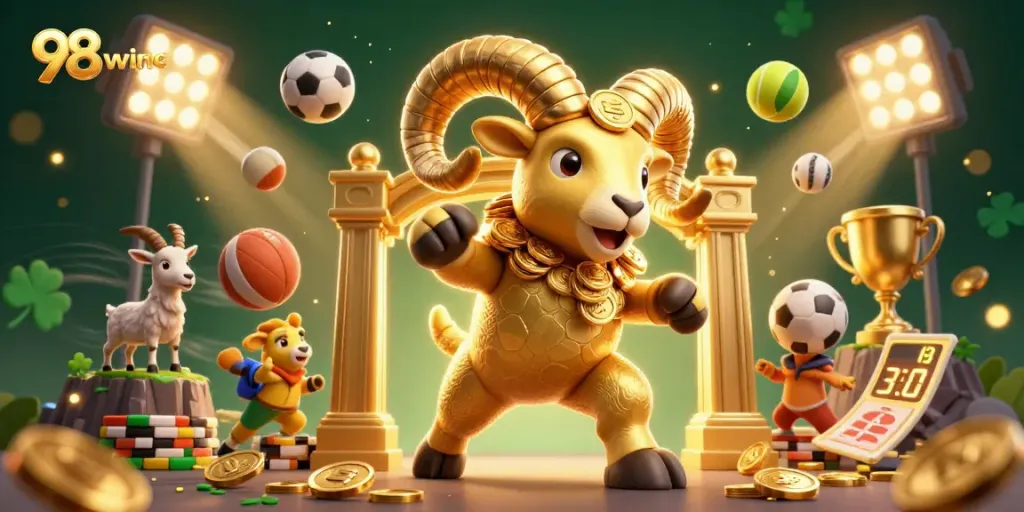 Experience the thrilling 98winc casino action with a dynamic 3D scene featuring sports betting elements.
