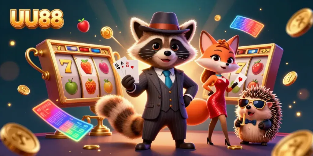 Play popular casino games at UU88, featuring fun characters in a vibrant, engaging scene.
