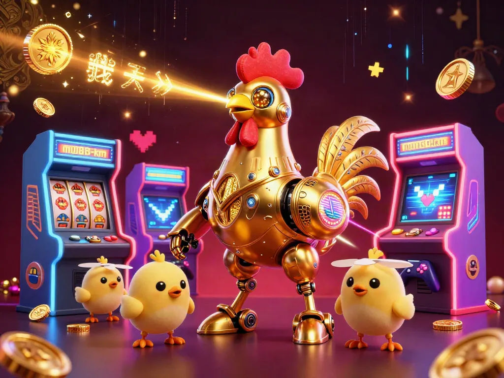 Experience thrilling gaming action with mu88-km's vibrant 3D illustration featuring a golden robot and friendly chick drones.