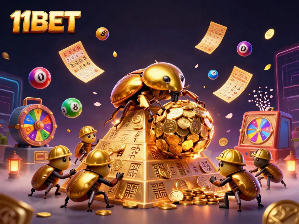 Engage with 11BET's vibrant 3D scene showcasing golden beetles, casino elements, and dynamic lottery features.