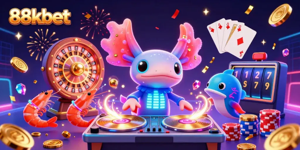 Experience the vibrant energy of 88kbet with a dynamic scene of axolotl DJ, shrimp dancers, and casino elements.