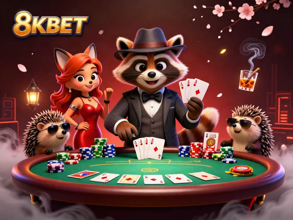 Experience the thrill of 8KBET with a glamorous poker scene featuring colorful chips and characters.