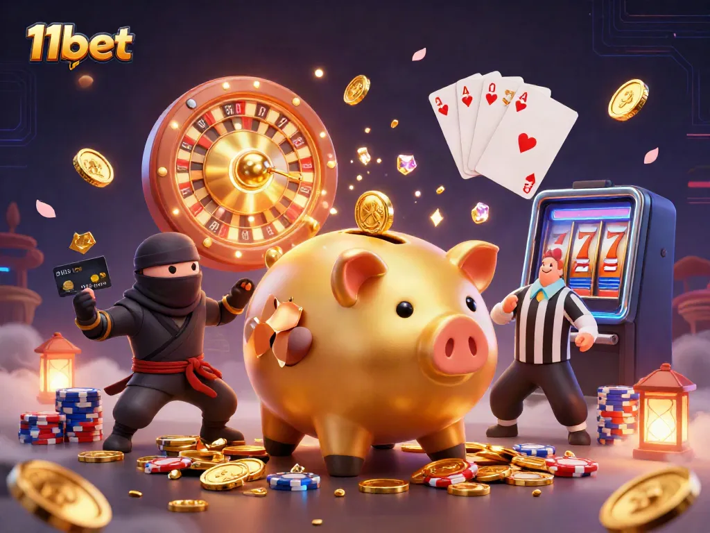 Engage with 11bet as a golden piggy bank sumo wrestler breaks through a dynamic casino scene filled with coins, cards, and excitement.