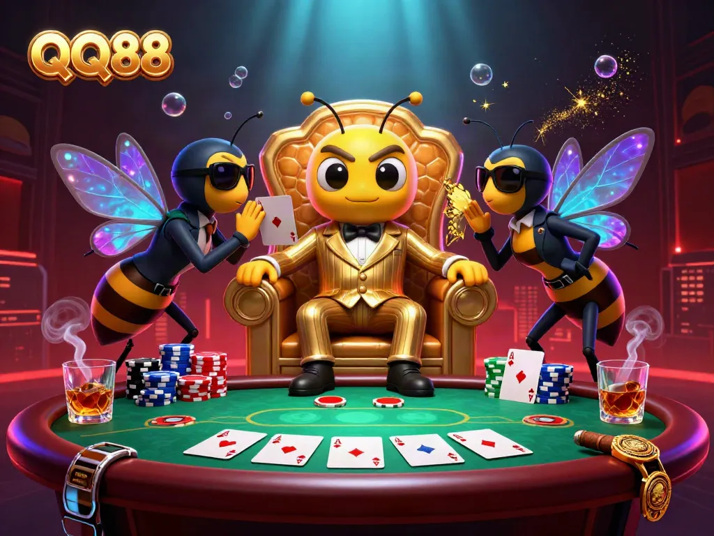 Experience the thrilling QQ88 poker scene featuring a bumblebee mob boss amidst vibrant color and rich game elements.