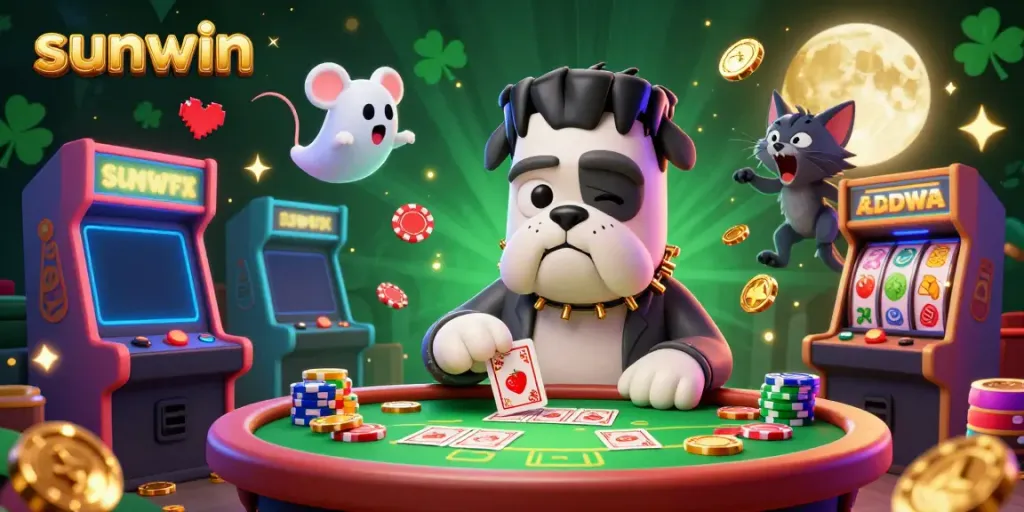 Experience thrilling gaming at Sunwin with a captivating digital illustration of a Frankenstein bulldog dealer, ghost mouse, and werewolf kitten.
