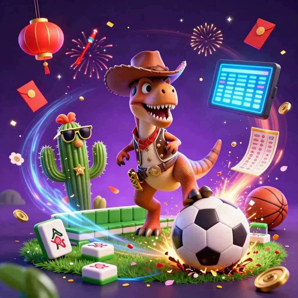 Cowboy T-Rex, cactus, and roadrunner amid football, casino coins, lanterns, and fireworks