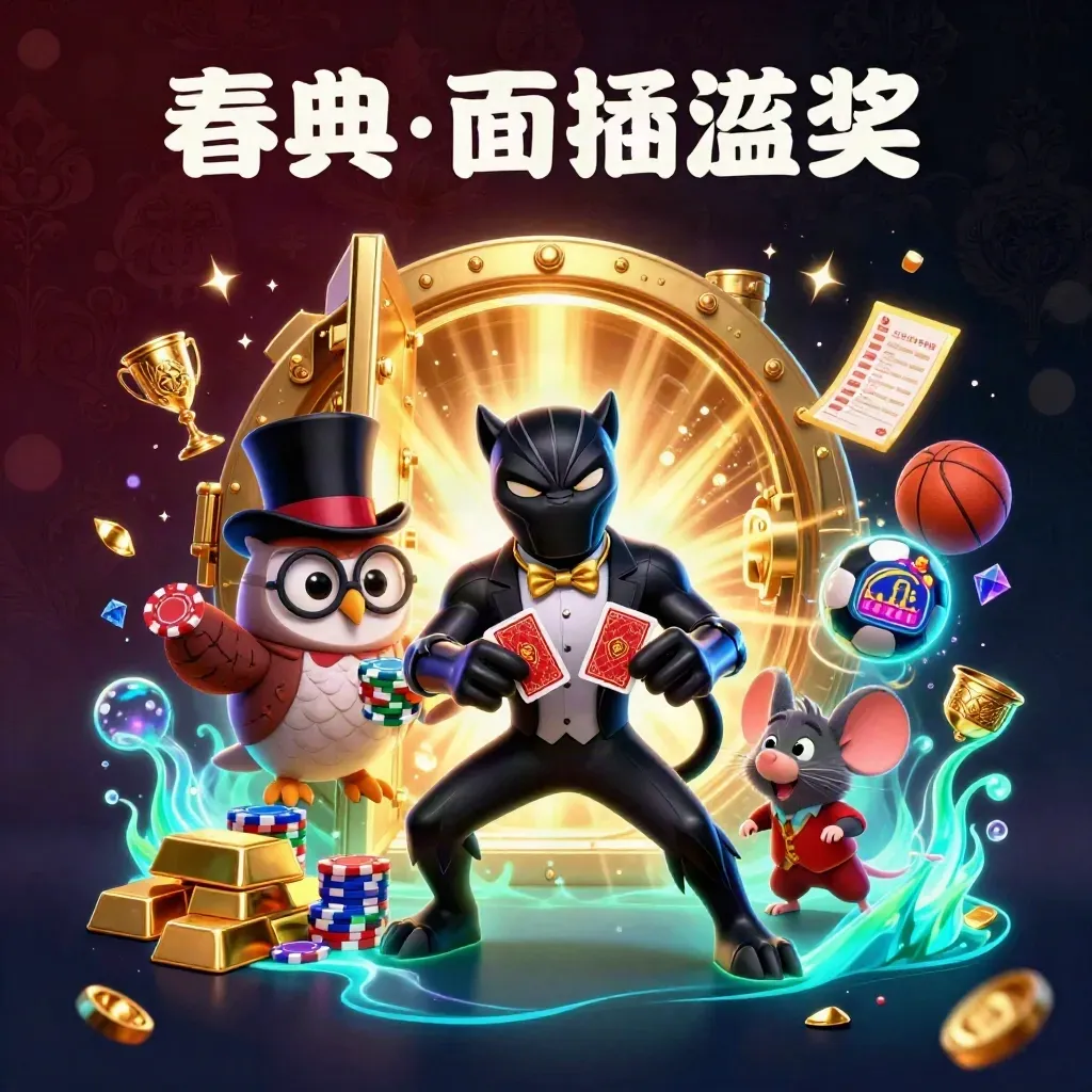 Cartoon panther, owl, and mouse burst from a glowing vault amid gold, gems, and neon blue light.