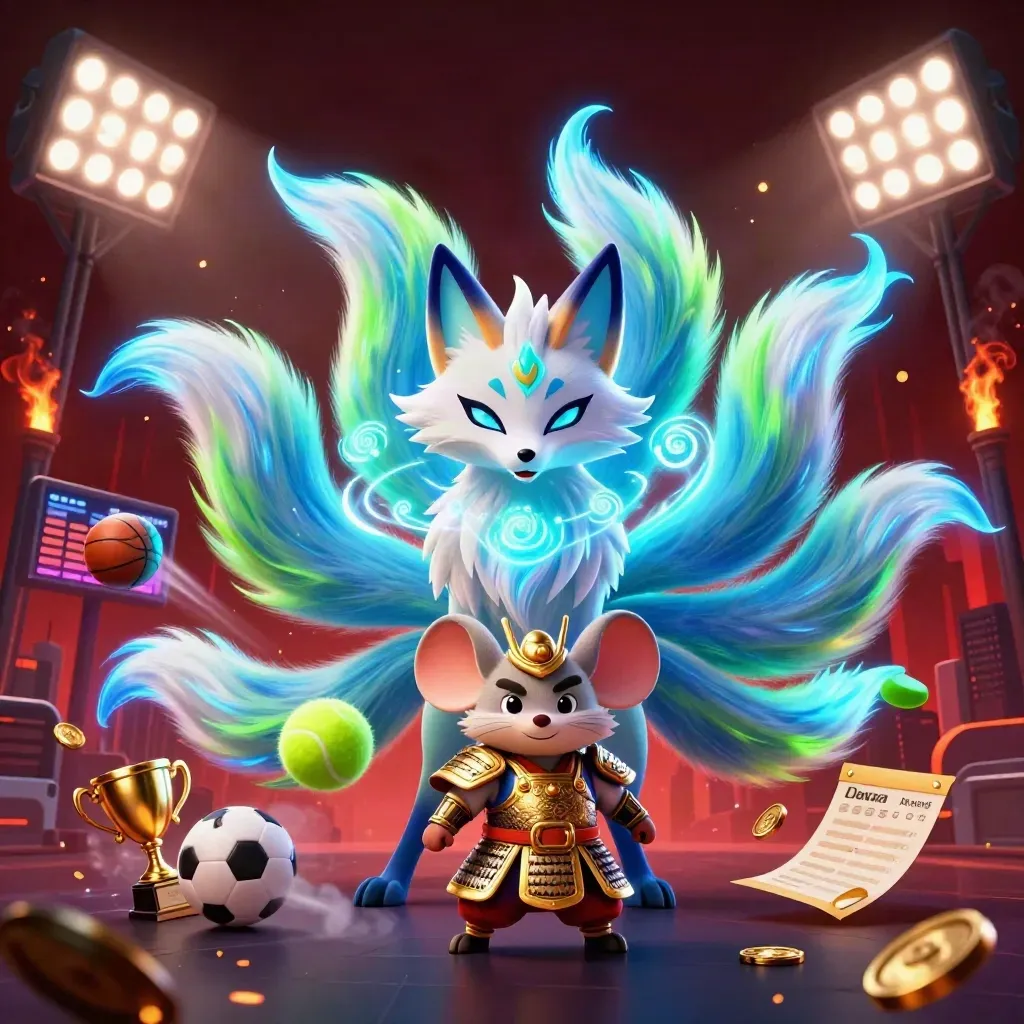 Nine-tailed fox spirit and samurai mouse amid neon sports balls, trophy, coins, and floodlights.