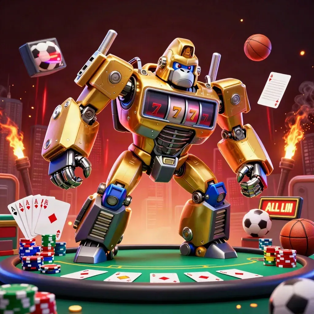 Golden gorilla slot mech with monkey pilot, poker chips, cards, soccer ball, blue-green casino glow