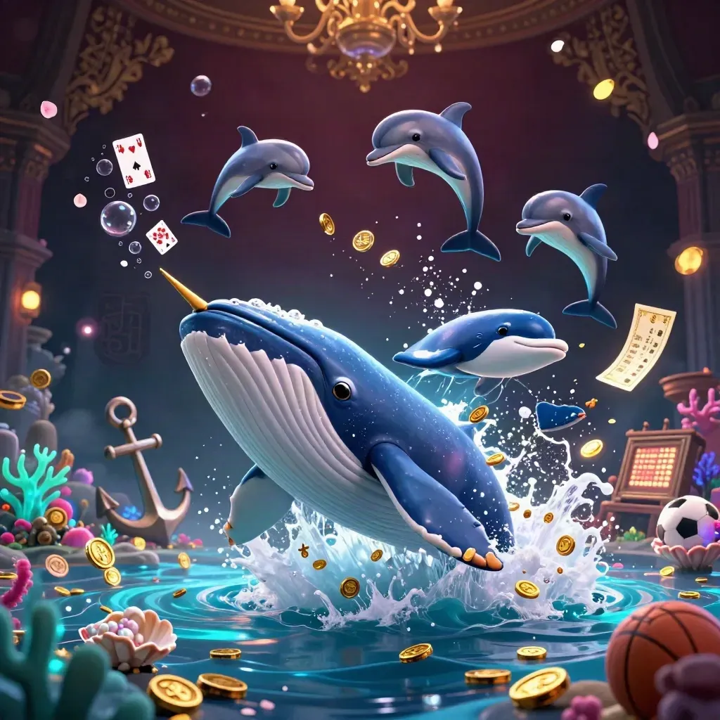 Captain whale, narwhal and dolphins burst through coins in a neon treasure cove