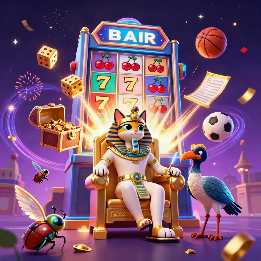 Low-angle casino key art with pharaoh cat, ibis scribe, scarabs, slot burst, dice, balls, gold and sparks.
