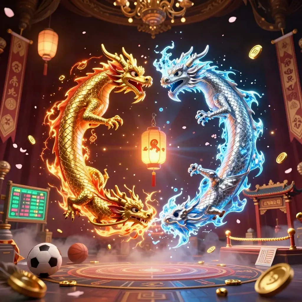 Gold and silver dragons spiral around a lantern spirit over neon casino ruins.