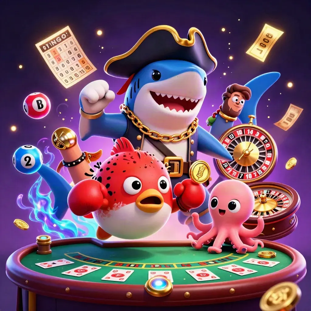Pirate shark, boxing pufferfish, and coin-juggling octopus amid casino lights and floating game props.