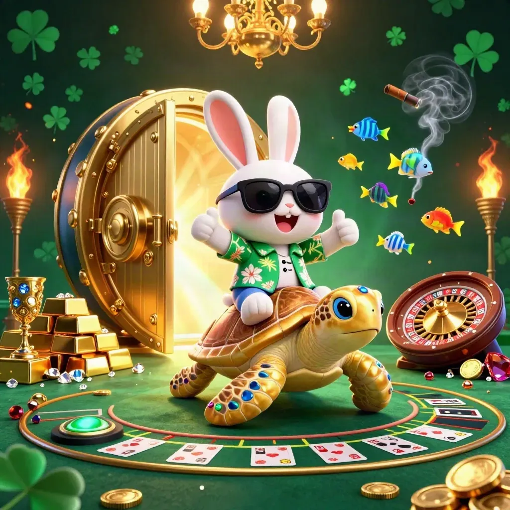 Lucky rabbit rides a gem turtle in a glowing casino vault with treasure, roulette and cards.