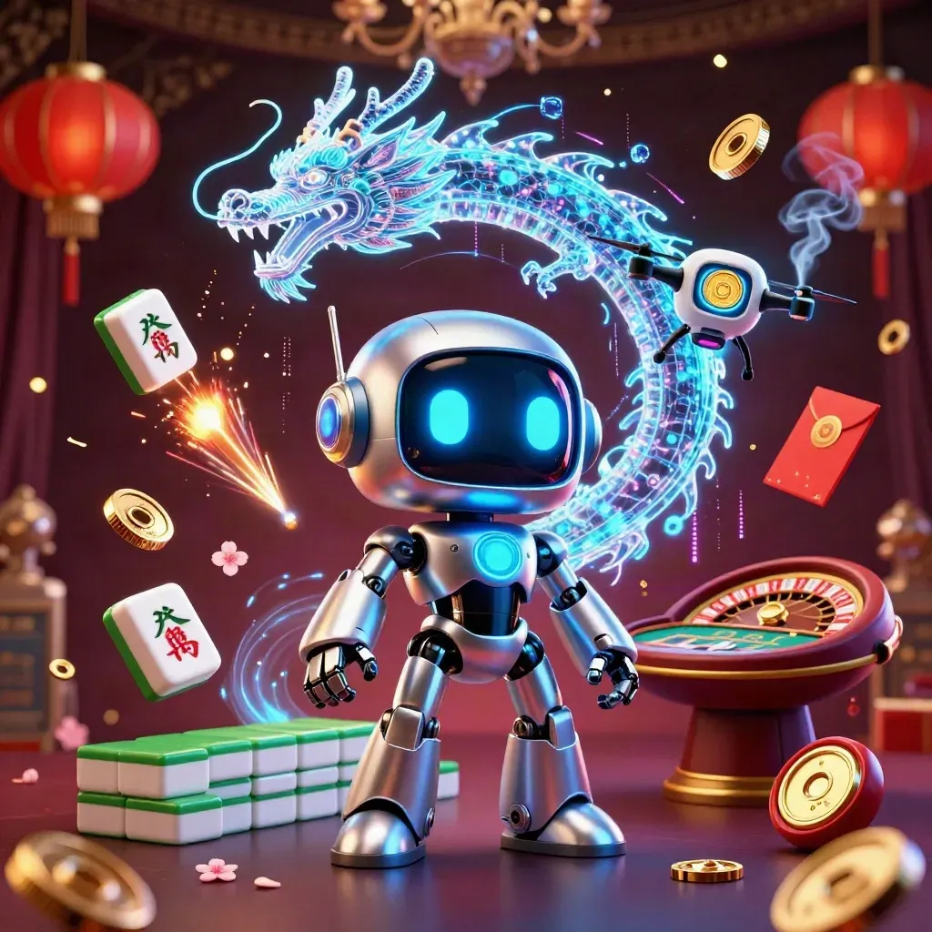 Cyberpunk robot, holographic dragon, and coin drone amid neon casino luxury and effects.