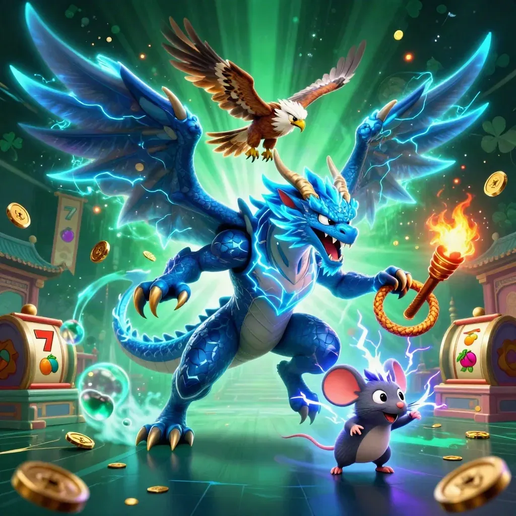 Thunder dragon, wind hawk, and static mouse amid lightning, coins, temple gate, and neon casino glow.