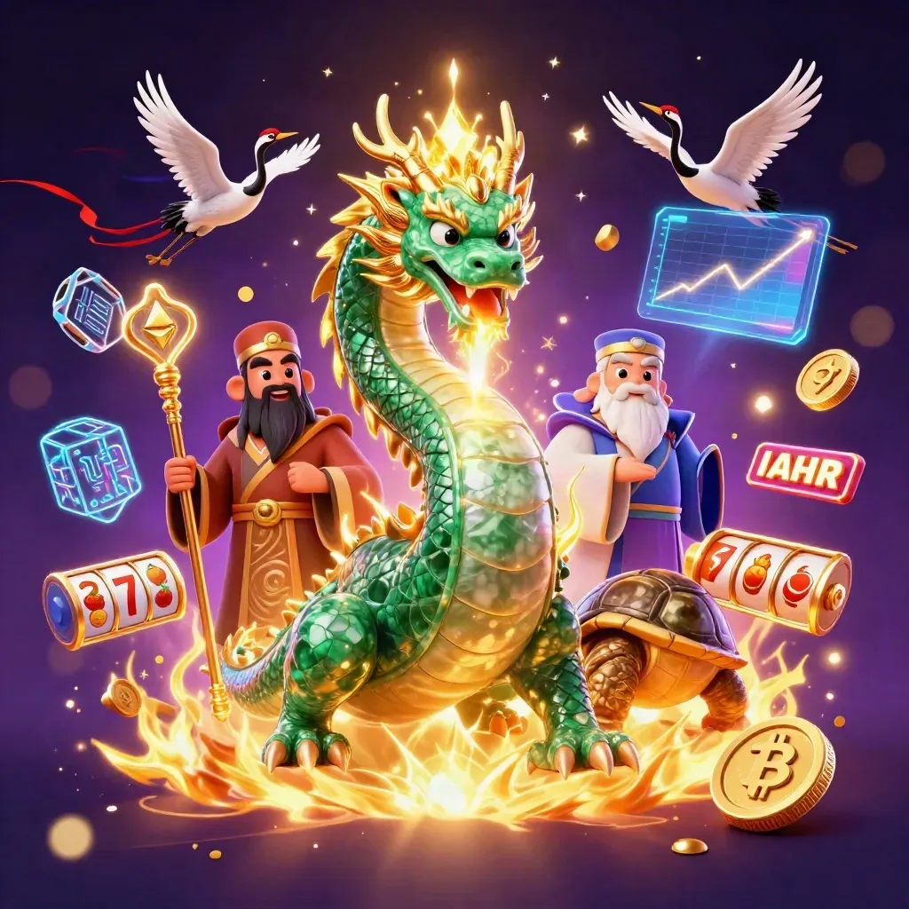 Jade dragon, turtle sage, and cranes amid neon coins, lightning, and casino reels