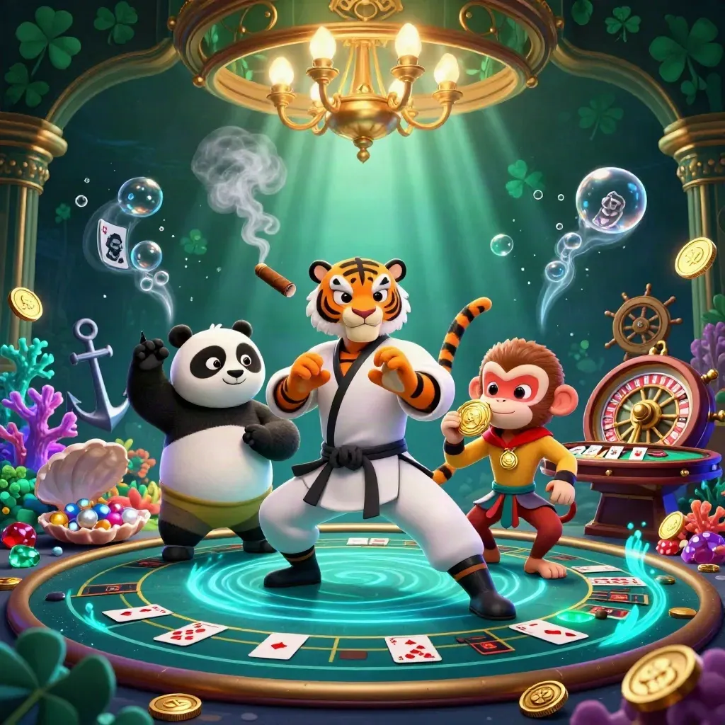 Kung-fu tiger, panda, and monkey in a luxe underwater casino treasure cove