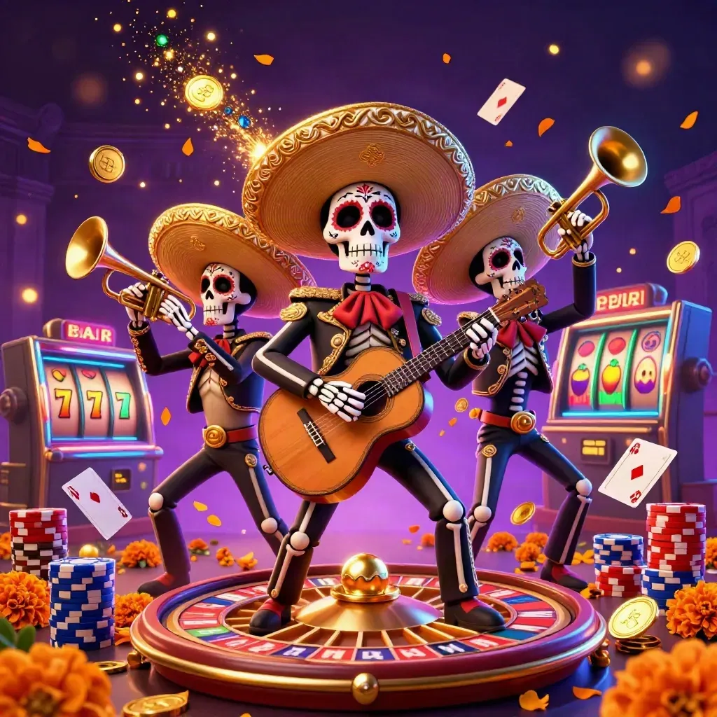 Electric-blue skeleton mariachi trio amid gold coins, gems, roulette wheel, chips, and neon casino magic.