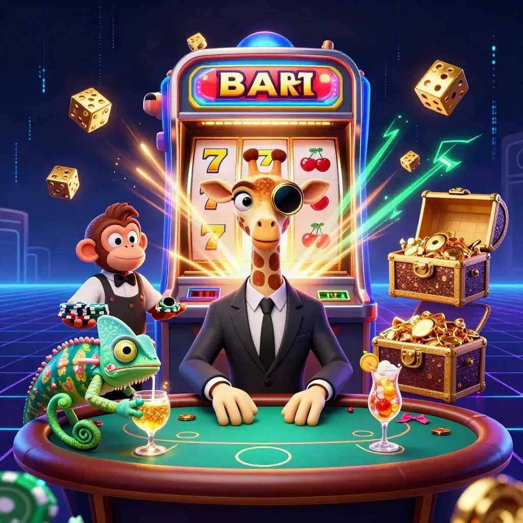 High-roller giraffe, monkey valet, and chameleon bartender amid exploding slot machine gold and neon energy.