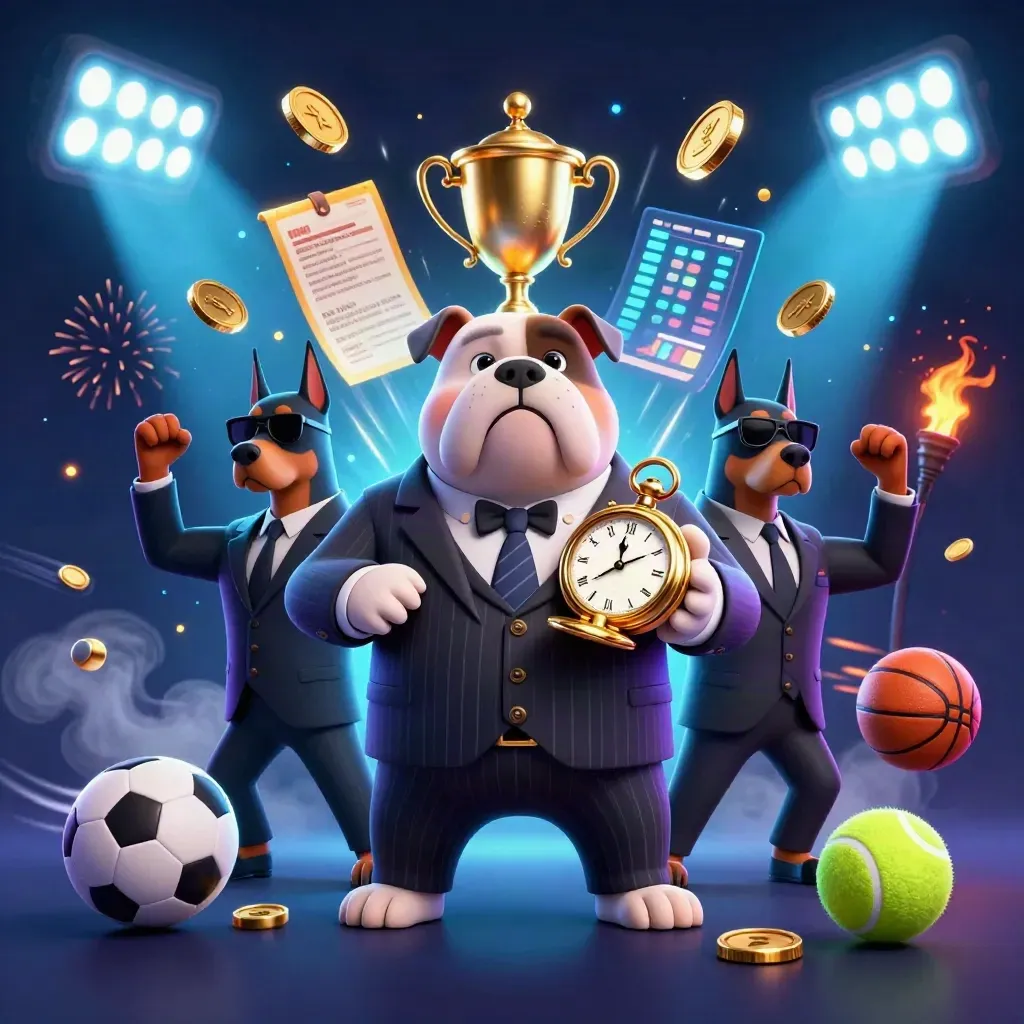 Cartoon bulldog boss and two Dobermans amid coins, balls, trophy, and fireworks in a neon vault burst.