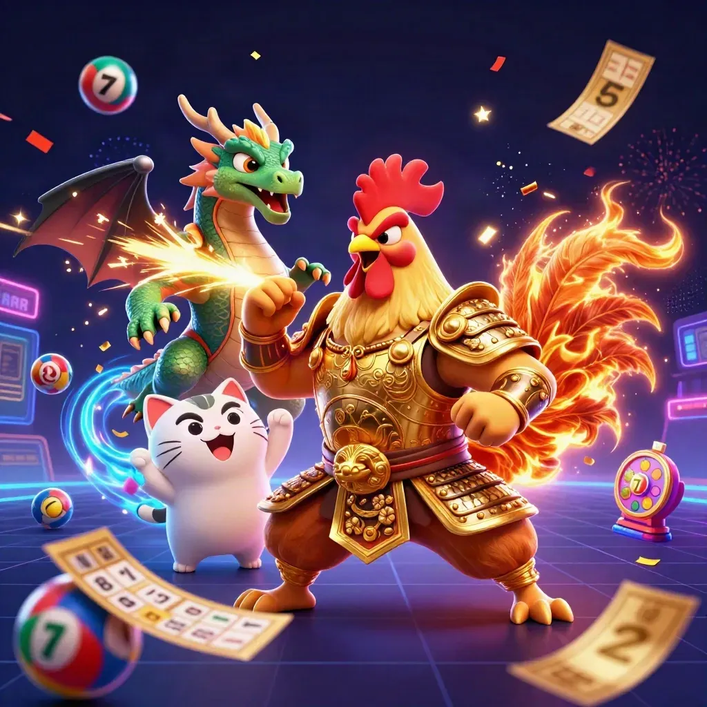 Rooster warrior, dragon hatchling and fortune cat explode through neon casino sparks.